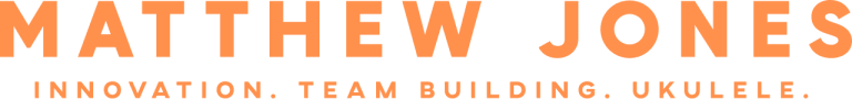 Matthew Jones logo in the color orange over the tagline, Innovation. Team Building. Ukulele.
